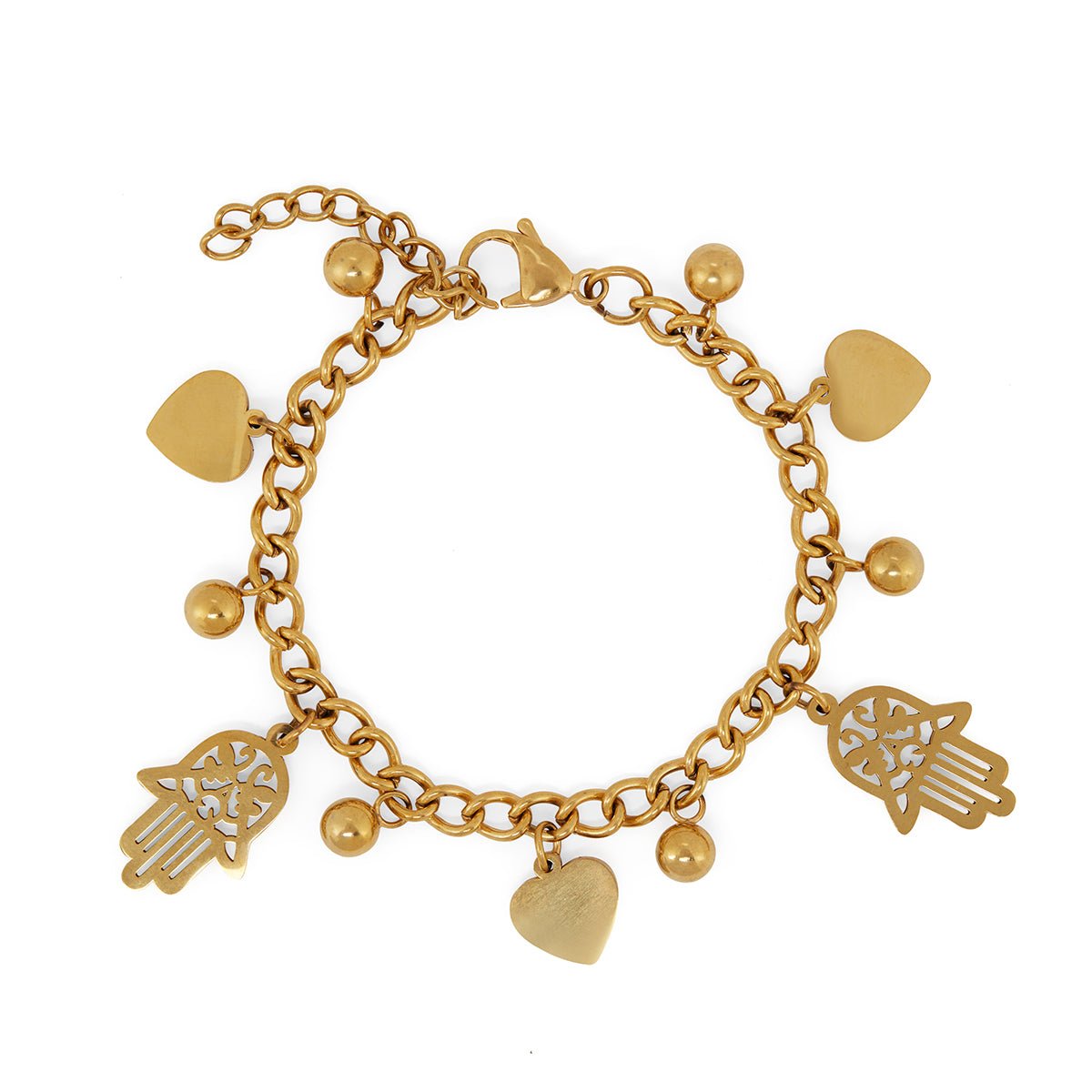 Pulsera de eslabones con colgante de corazón y hamsa bañada en oro de 18 quilates