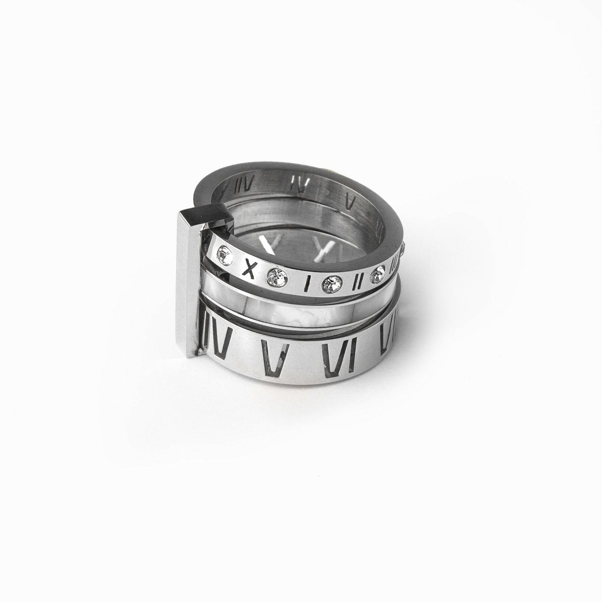 Anillo de triple banda con números romanos - Plata 