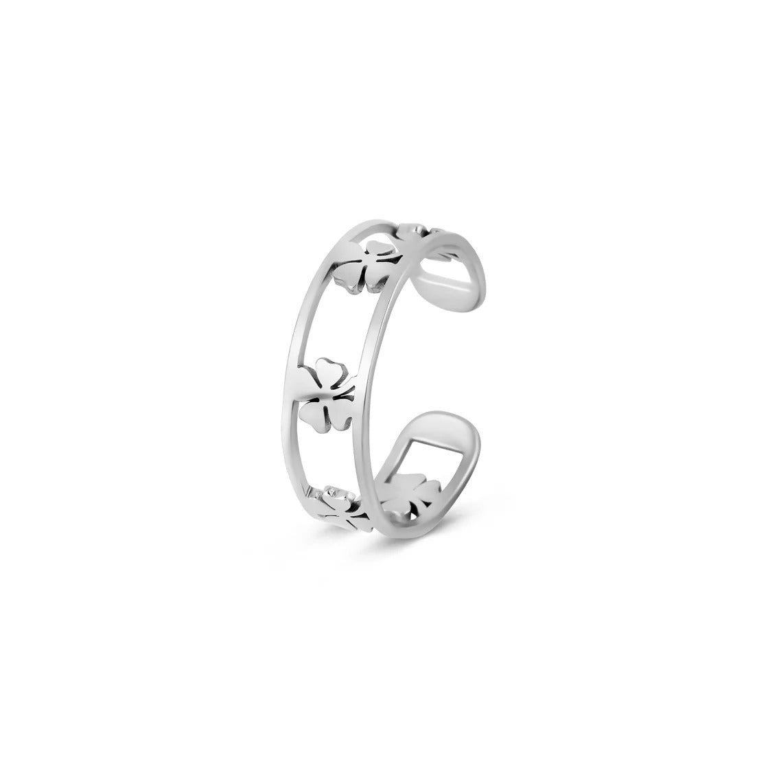 Anillo de trébol hueco ajustable - Plata